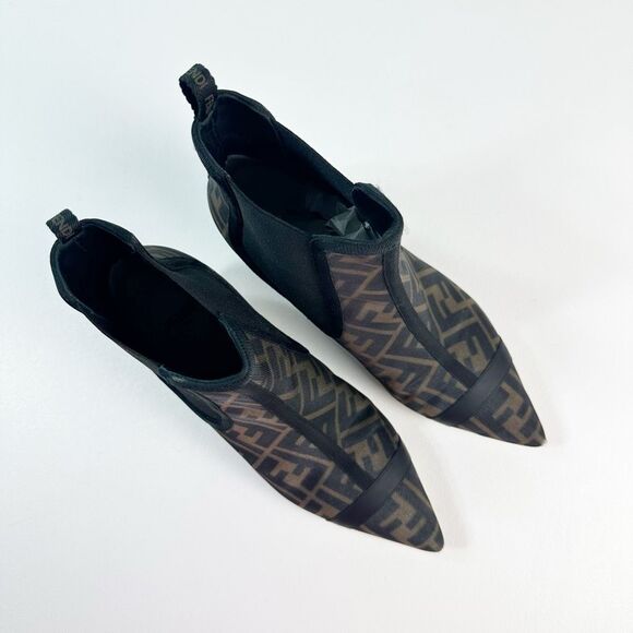 FENDI Colibri Mesh Leather Chelsea Booties Size 37.5 Brown Black FF Ankle Boots - Picture 11 of 15